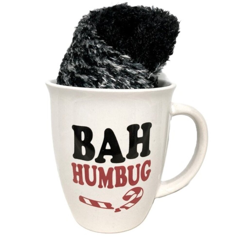 BAH HUMBUG Broken Candy Cane Christmas Holiday Mug Cup with Socks Gift Set 14 oz